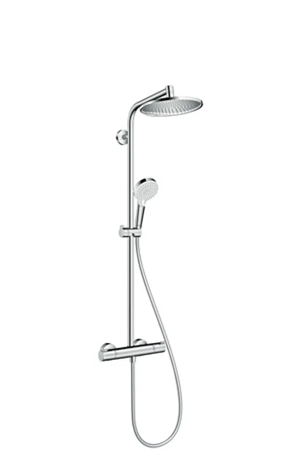 Hansgrohe Duschsystem mit Kopfbrause, Handbrause und Thermostat. Chromoberfläche, vertikale Montage an Wand mit flexibler Schlauchführung.
